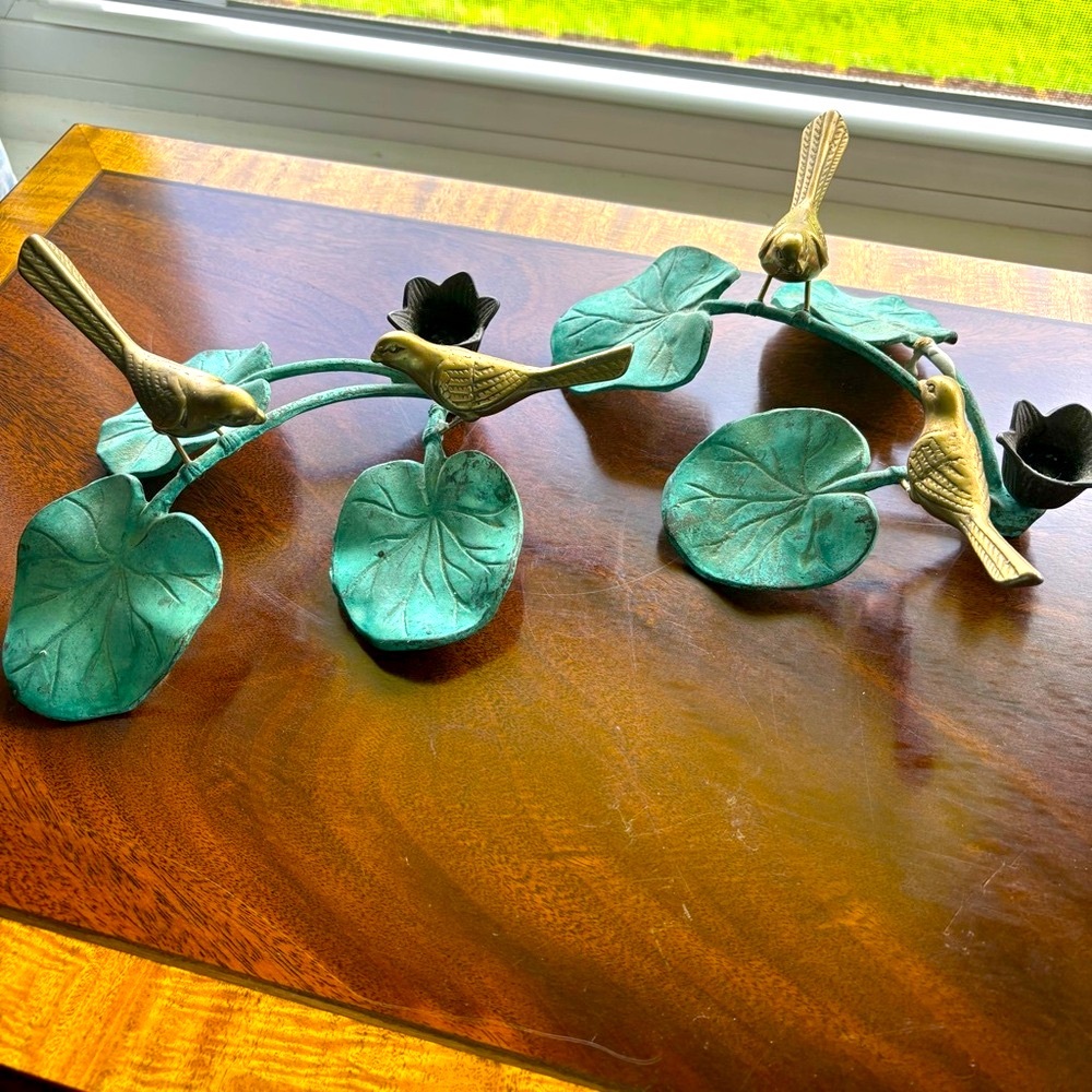 Vintage RARE Decorative Bird and Leaf Candle Holders Solid Brass